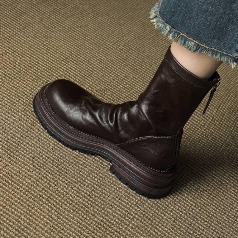 New versatile women's knight boots solid color leather rear zipper rubber platform heel round head autumn and winter mid-tube boots