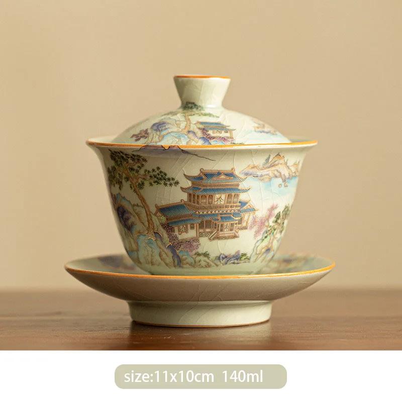 

Chinese Ru Kiln Ceramic Cover Bowl Handmade Landscape Travel Portable Tea Set