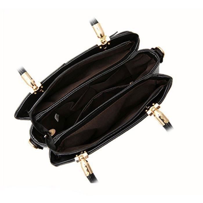 Sac À Main Grainé Sac À Epaule Bandoulière En PU Cuir Zippé Couleur d'Epissure Pour Femme Elegante PS Noir