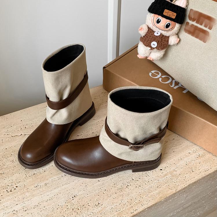 

Maillard 2025 осень и зима чувство дизайна Spice girls ботинки-чулки круглый носок низкий каблук пряжка ремня короткие ботинки рукав женские ботинки 39 темно-коричневого