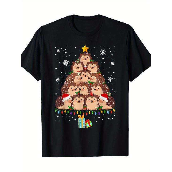 Men s & Women s Heavyweight 100% Cotton Hedgehog Christmas Tree T-Shirt - Cute Layered Hedgehog Tree with Santa Hats, Wreath & Snowflakes Print - S чёрный