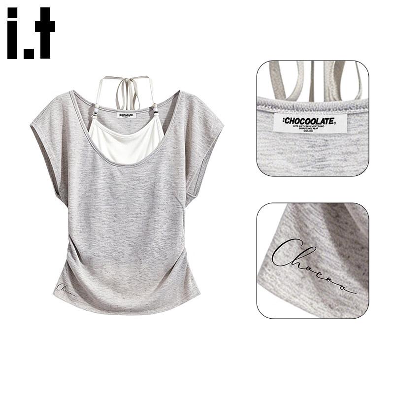 :CHOCOOLATEit Women s Halter-Neck Fake Two-Piece Short Sleeve T-Shirt One Size серый