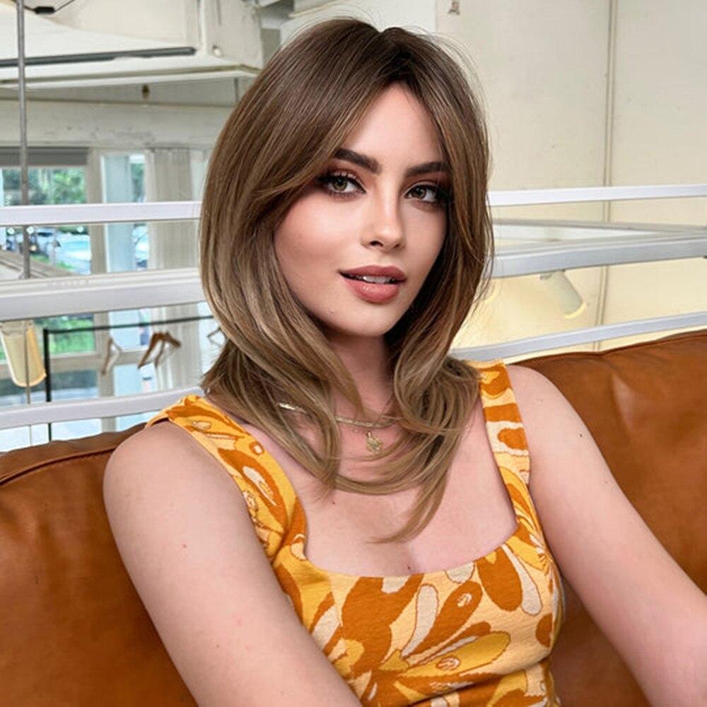 ALAN EATON Medium Length Brown Layered Synthetic Wig Ombre Straight Wigs with Bangs for Women Daily Use Soft Heat Resistant Hair