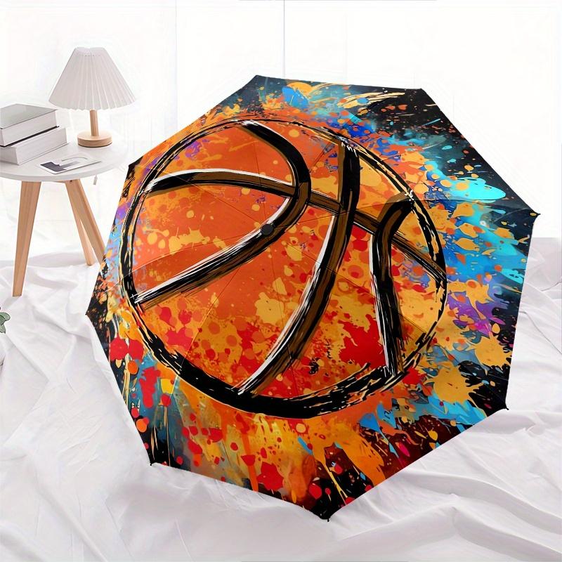 Basketball, Splash Art Automatic folding umbrella simple eight rib design, bright color pattern, durable iron frame, ideal for travel and o