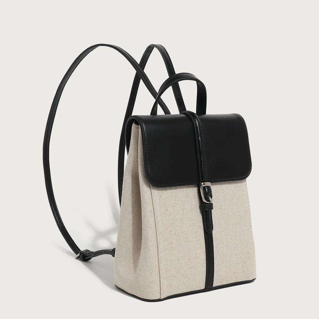 Summer new casual vacation-style leather and linen backpack with a French relaxed feel, large-capacity school bag