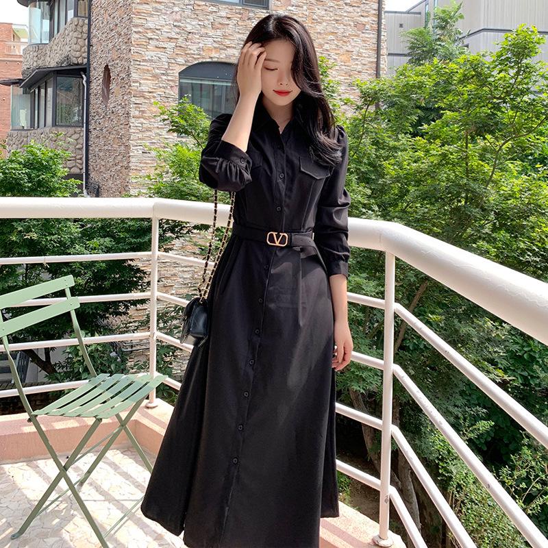 

Шикарное корейское платье со шнуровкой на талии для осени/зимы: Французский стиль, Зрелый вид One Size чёрный