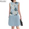 ZANZEA Women Casual Round Neck Sleeveless Print Patchwork Pleated Dress