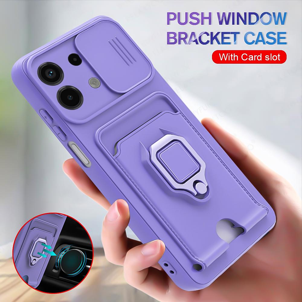 Case For Phone Yulin-003 Camera Push Window Case For Xiaomi Redmi Note 13 12 11 10 Pro Plus For Redmi 13C 12C 10C Magnetic Card Slot Phone Cover