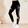 Women Plus Size High Waist Black White Printed Side Eyelet Lace Up Full Length Leggings