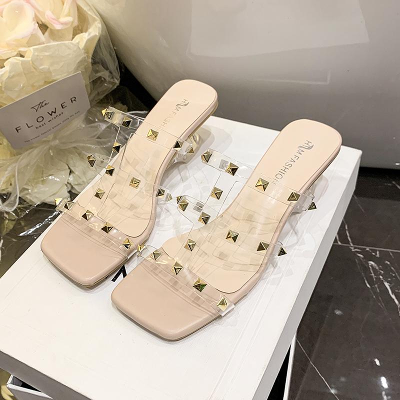 Fashion Transparent Band High Heel Slippers Women 2025 New Rivet Design Square Toe Slides Female Summer Fashion Thick Sole Sandal Mujer