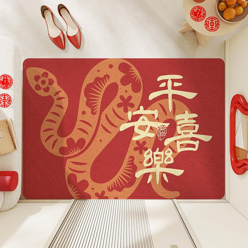 

Новогодний ярко-красный праздничный ПВХ безопасный коврик для входной двери, устойчивый к грязи и пыли, шелковое кольцо, домашний нескользящий коврик 60 * 90cm (edge pressing)