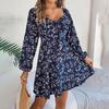 Floral Long Sleeve A Line Dress for Women High Waist V Neck Summer Spring Long Dress Pleated Elegant