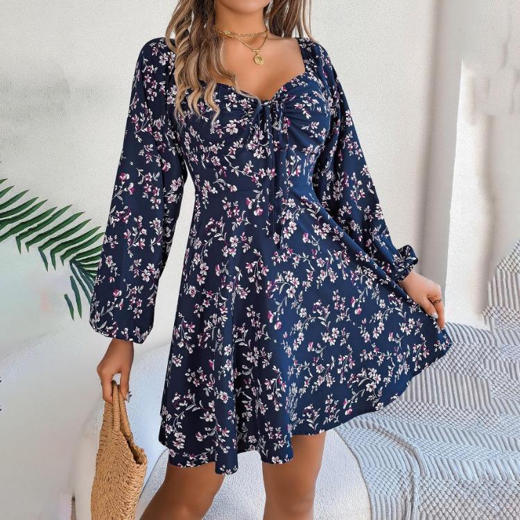 Floral Long Sleeve A Line Dress for Women High Waist V Neck Summer Spring Long Dress Pleated Elegant