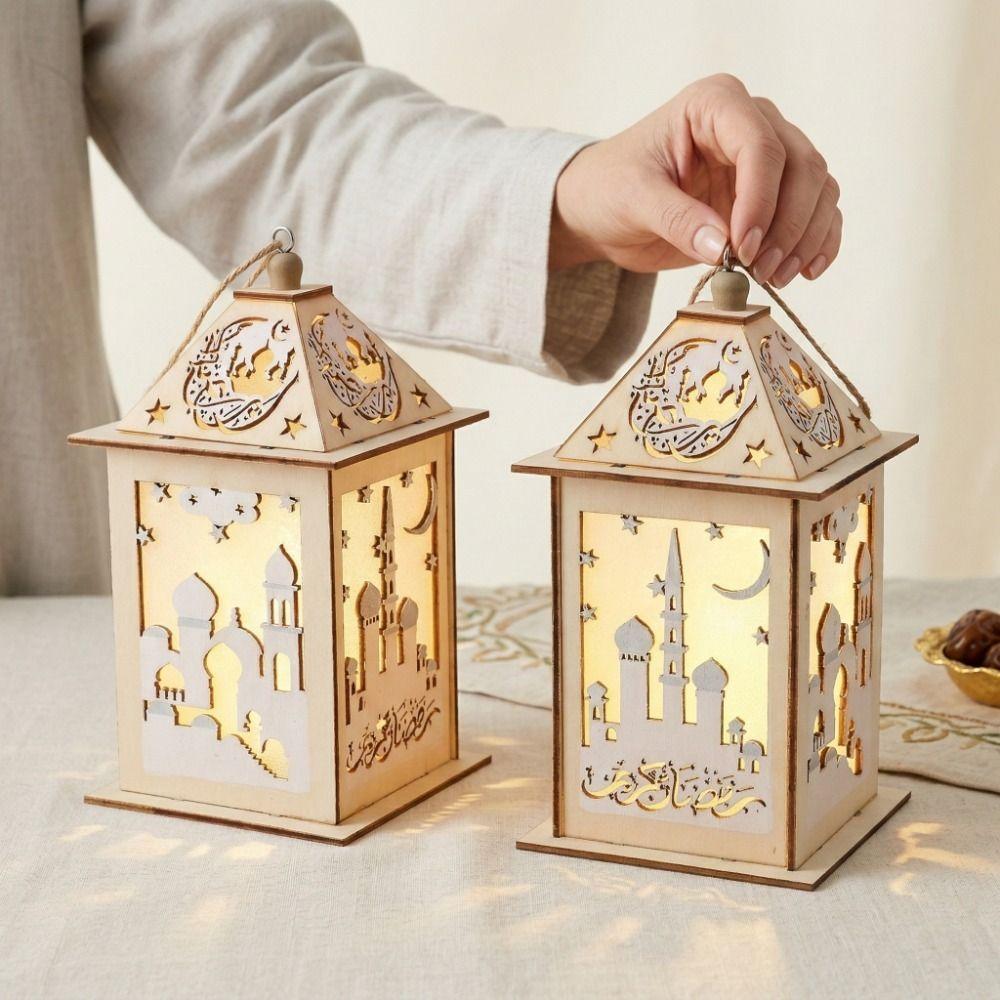 Wooden Ramadan LED Lantern Hollow Moon LED Lamp Portable Moroccan Wind Lantern  Ramadan Celebration