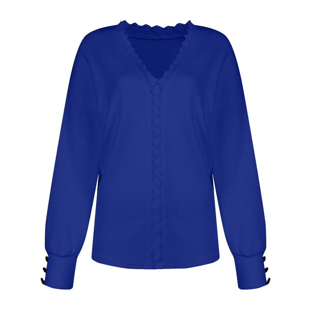 Women's Fashion Lace V Neck Pullover Sweater Loose Fit Long Sleeve Solid Color Lightweight Knitwear