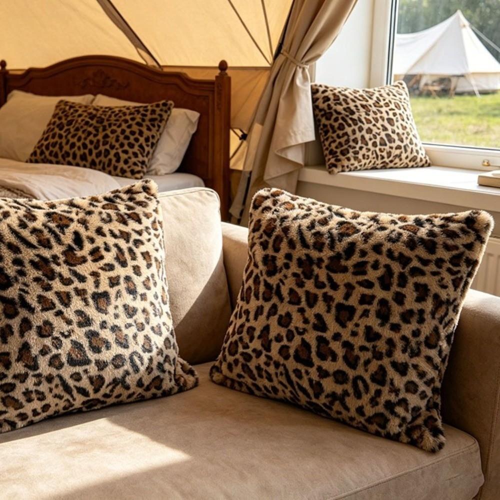 Leopard Print Throw Pillow Cover 45x45 Size Shaggy Pillow Case Faux Fur Pillowcase Sofa Decor