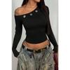 Women Solid One Shoulder Long Sleeve Cropped Tight Casual T Shirt