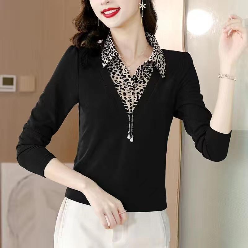 New Fashionable T-shirt for Women's Fake Two-piece Tops Long-sleeved Mother Spring and Autumn Clothes T-shirt Small Shirt Large Size Base Shirt