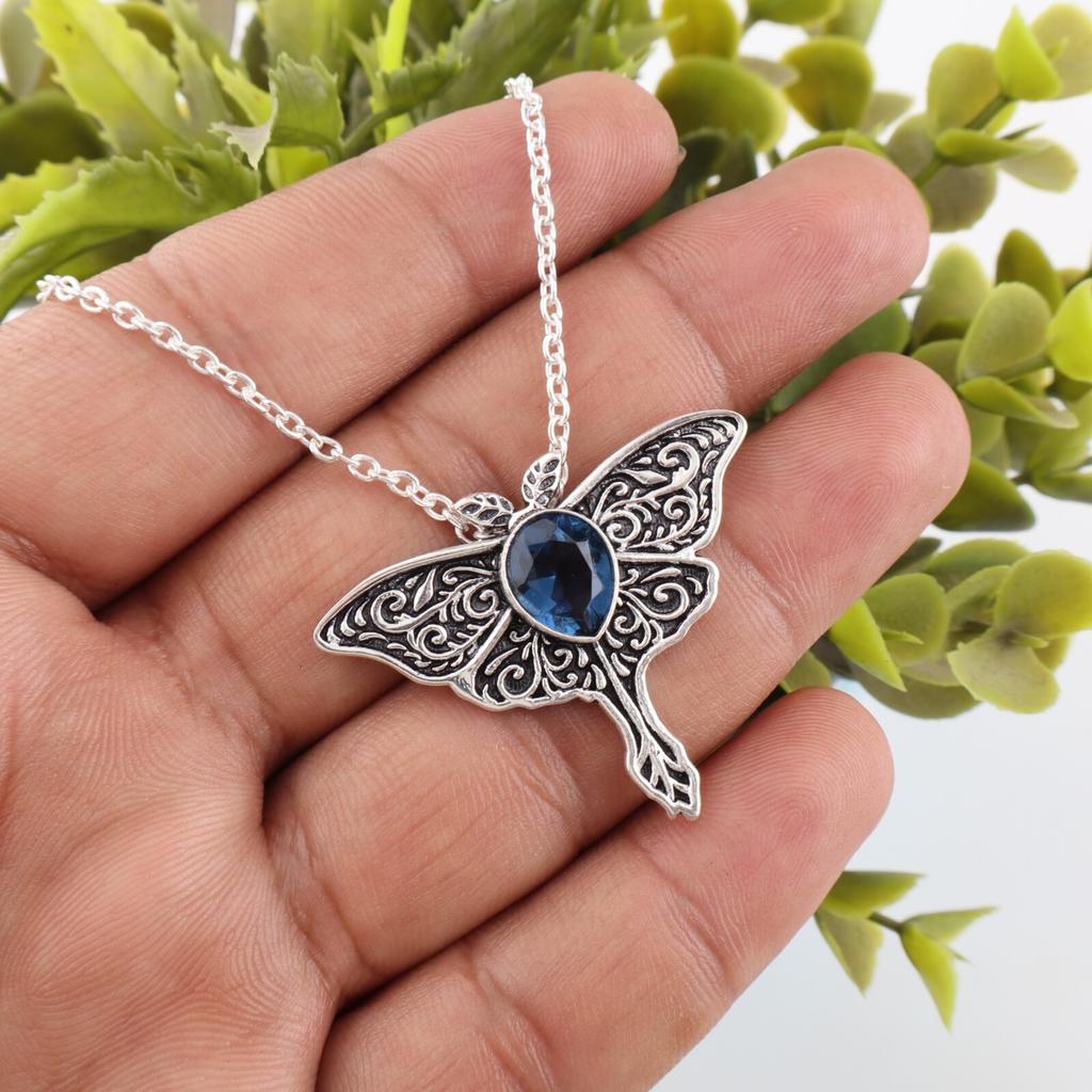 925 Silver Vintage Butterfly Pendant Blue Topaz Gemstone Necklace Women’s Gift" CP-31-13