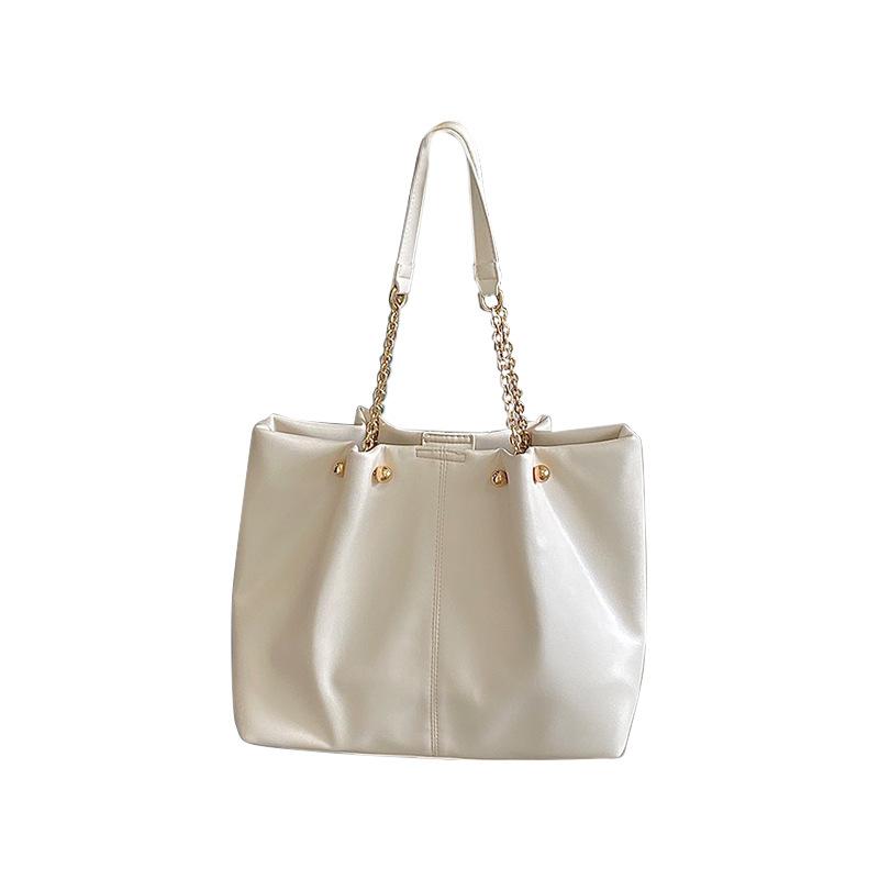 Large Capacity Women's One Shoulder Bags Chain PU Leather Vintage Casual Ladies European Style Black/White Solid Spring Handbags