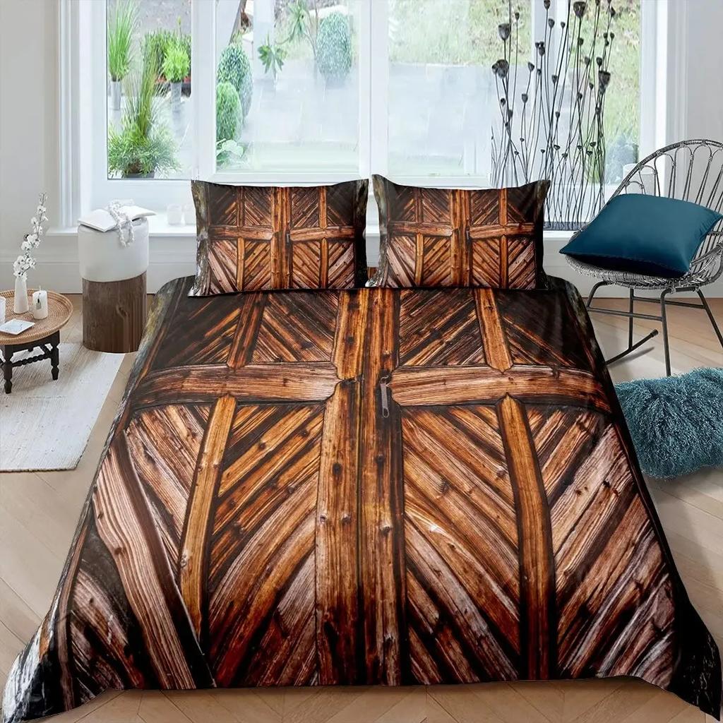 Rustic Wooden Barn Duvet Cover Set Wood Rustic Bedding Set Full King Size,Farm Farmhouse Comforter Cover,Plank Wall Quilt Cover