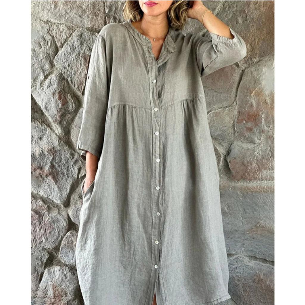 Summer Women's Casual Loose Linen Cotton Sleeveless Button Down Collar Long Maxi Dress, European American Style Ladies Fashion Dress