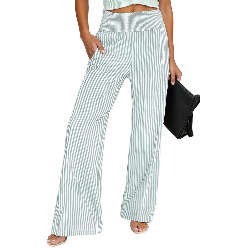 Women's Fashion Loose Pleated Elastic Waistband Pocket Striped Casual Pants