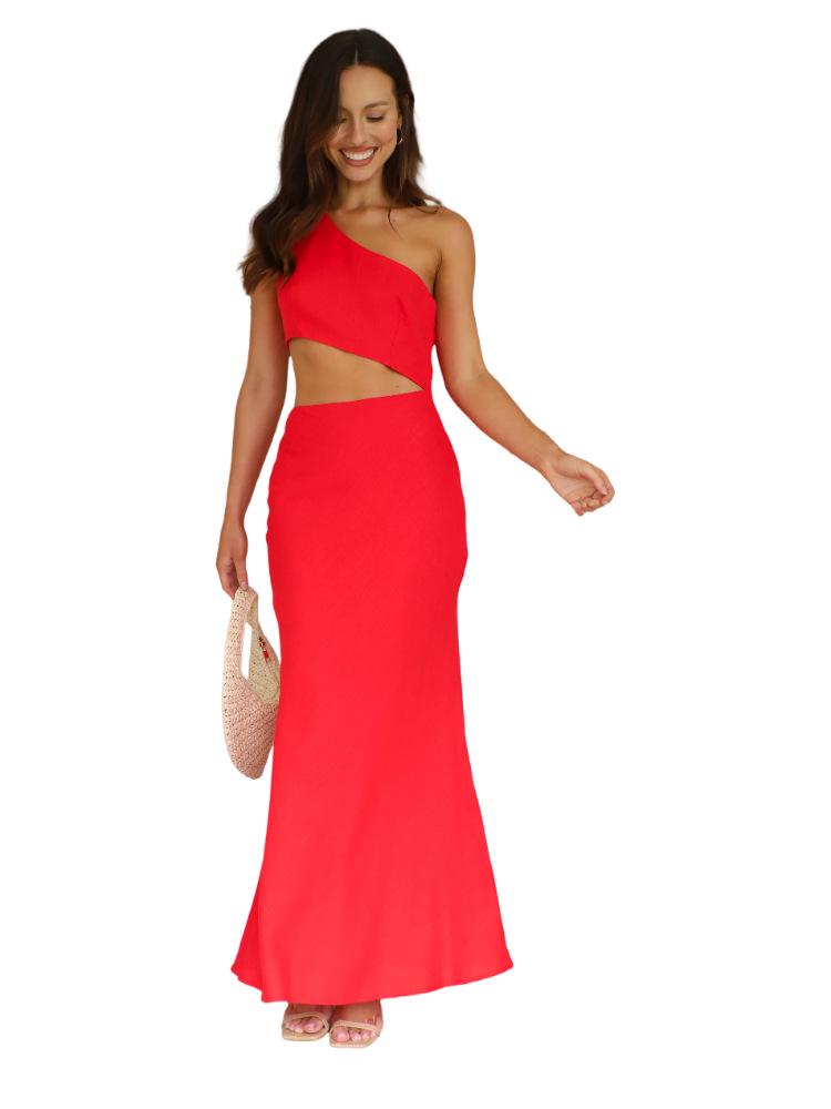 In Stock: Sexy Red Evening Dress - European & American Style, Solid Color, Summer Long Dress for Women
