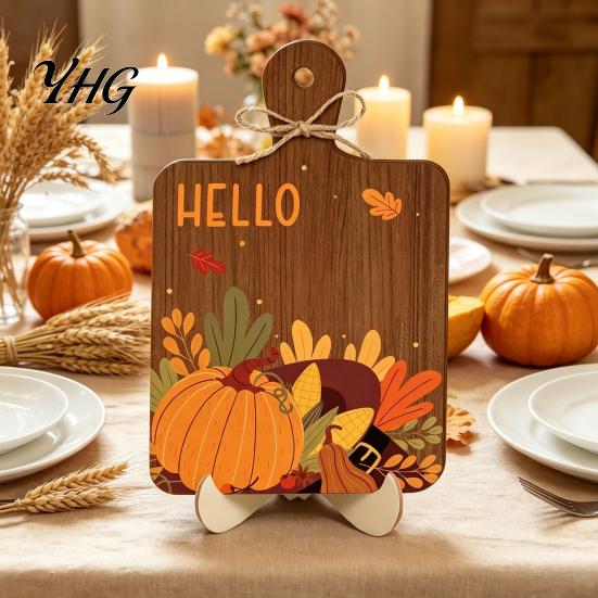 Autumn Harvest Home Decor Hello Fall Wooden Sign, Cutting Board Shape Tabletop Ornament with Thanksgiving Table Decorations Hanging Rope & Stand,