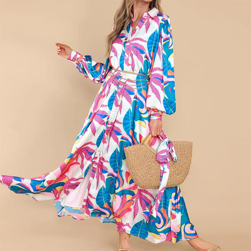 Spring and Summer Long-sleeved Contrasting Color Flower Lapel Elegant Printed Strap Dress for Women