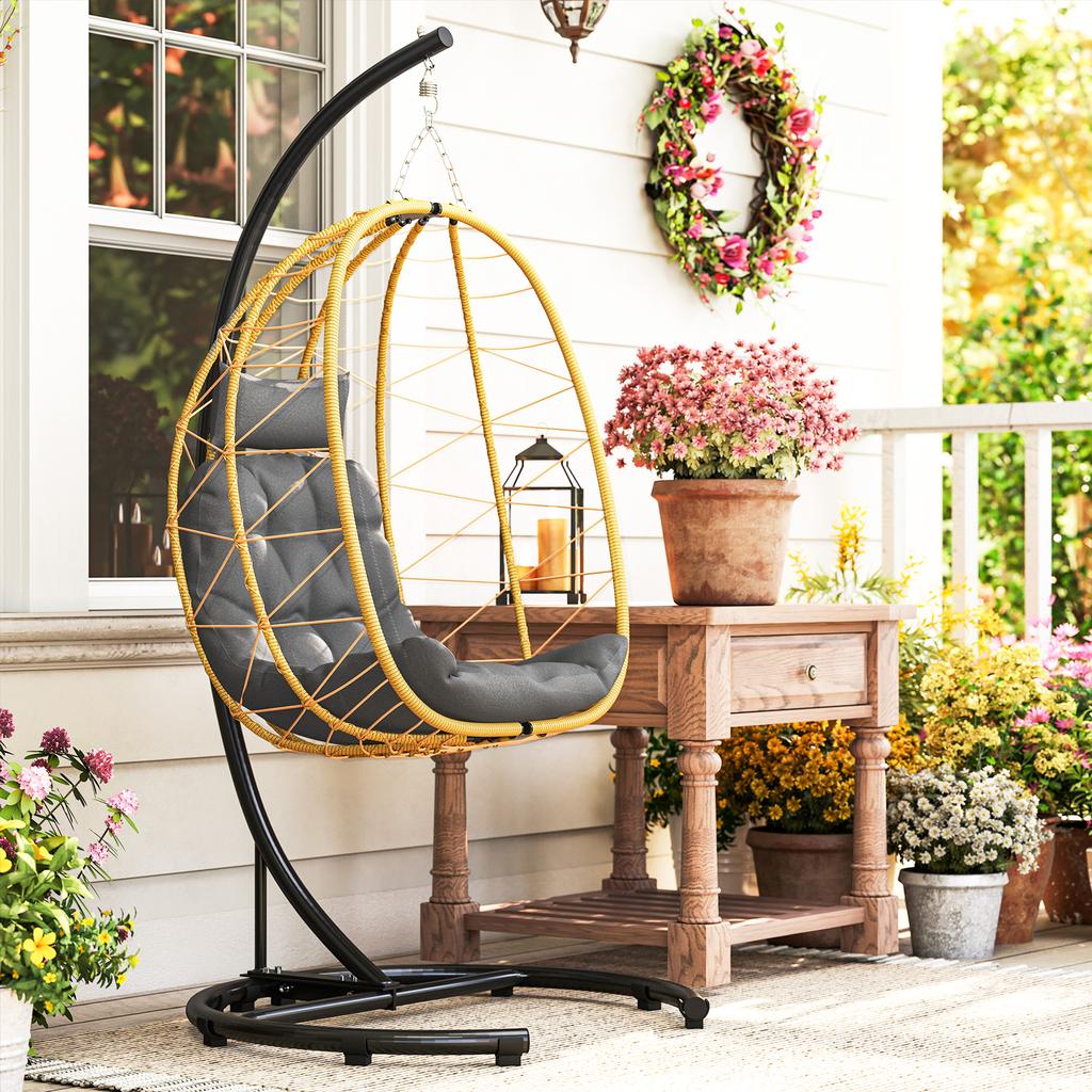 Hanging and Foldable Armchair with Cushions, in Steel and PE Rattan, 102x102x195 cm, Black Grey and Beige