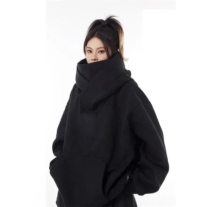 Wovey Herfst Effen Kleur Ninja Col Hoodie Voor Mannen Vintage Fleece Sweatshirts Hip Hop Japanse Streetwear Oversized Hoodie S zwart