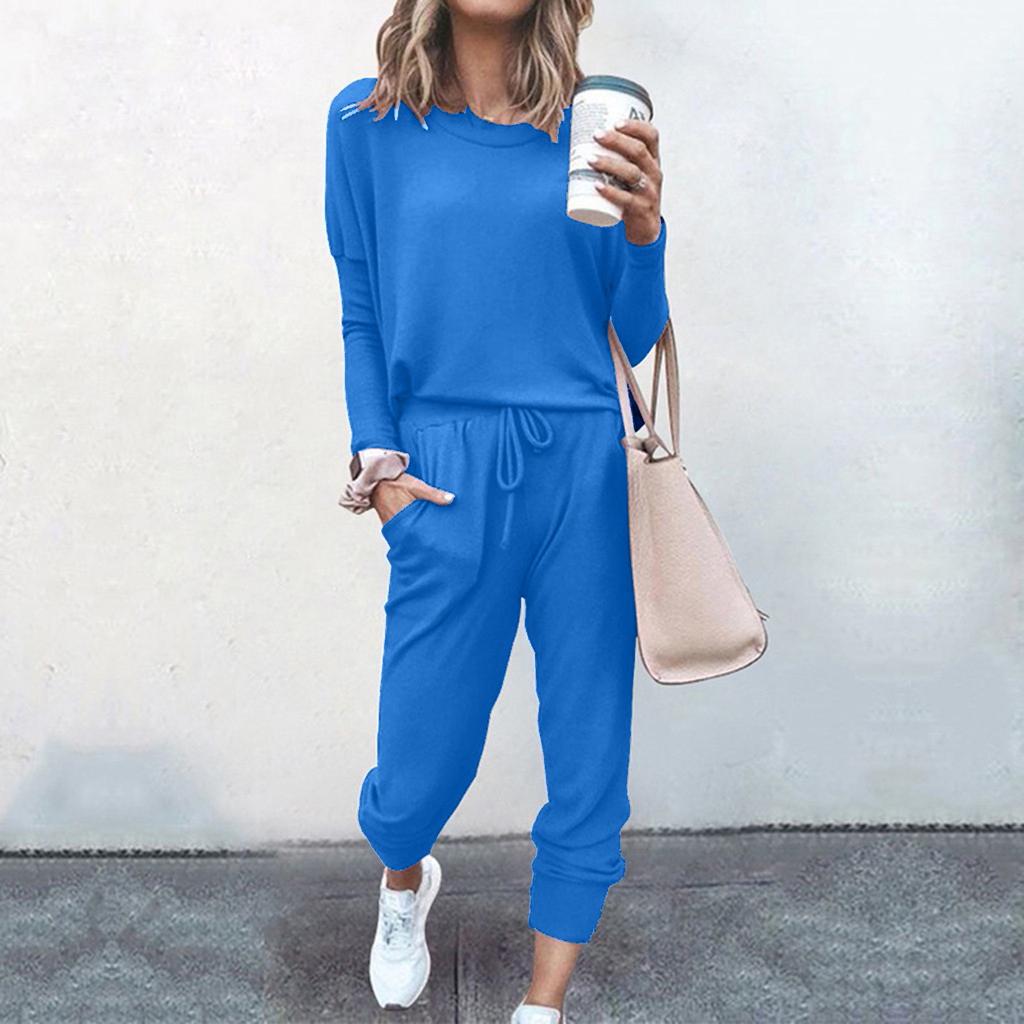 2Pc Women  Color Suit Long Sleeve Leisure Pocket Home Sweatpants Sets