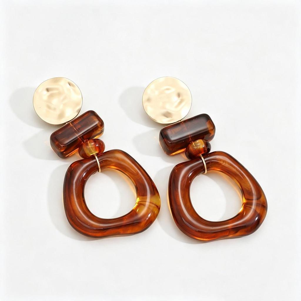 Maillard Coffee Geometric Patchwork Earrings: Light Luxury Round Hammered Texture Studs