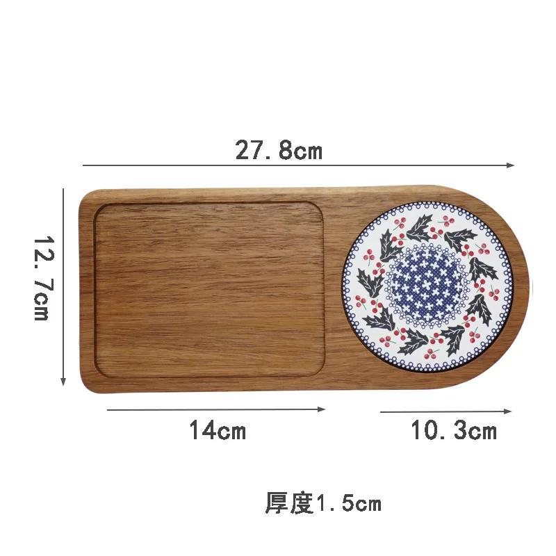 Japanese Wooden Tray with Ceramic Coaster for Cups Plates Retro Bread Dessert Breakfast Display