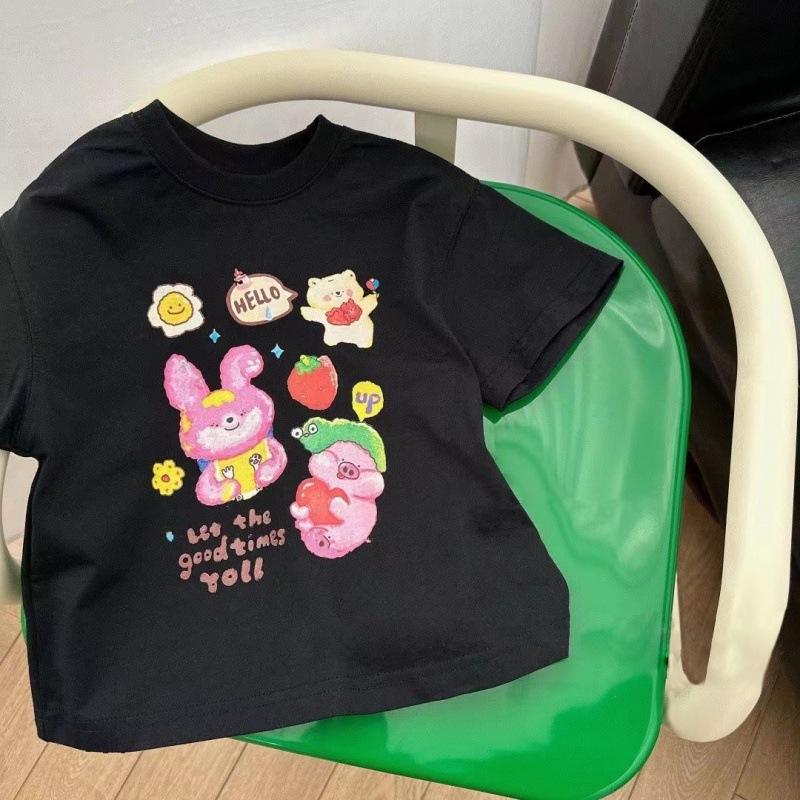 Girls Summer Cotton Short Sleeve T Shirt Korean Loose Round Neck Top Baby Kids Solid Print Tee