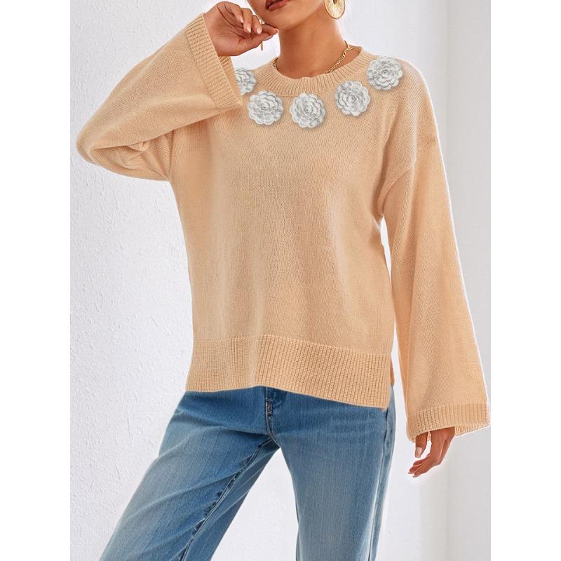 Hand Hooked Flower Splicing Autumn and Winter Loose Comfortable Casual Solid Color Long-sleeved Top Round Neck Pullover Sweater