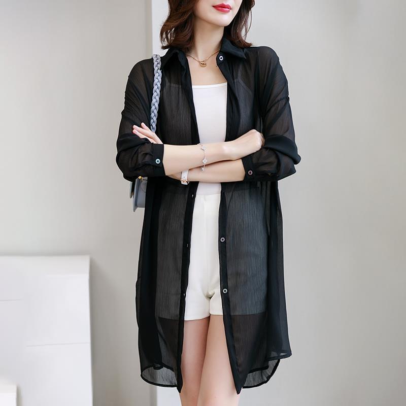 

Солнцезащитная одежда для женщин. Летний тонкий шифоновый кардиган с длинными рукавами, накинутый поверх шали. Куртка средней длины с воротником-рубашкой. XL чёрный