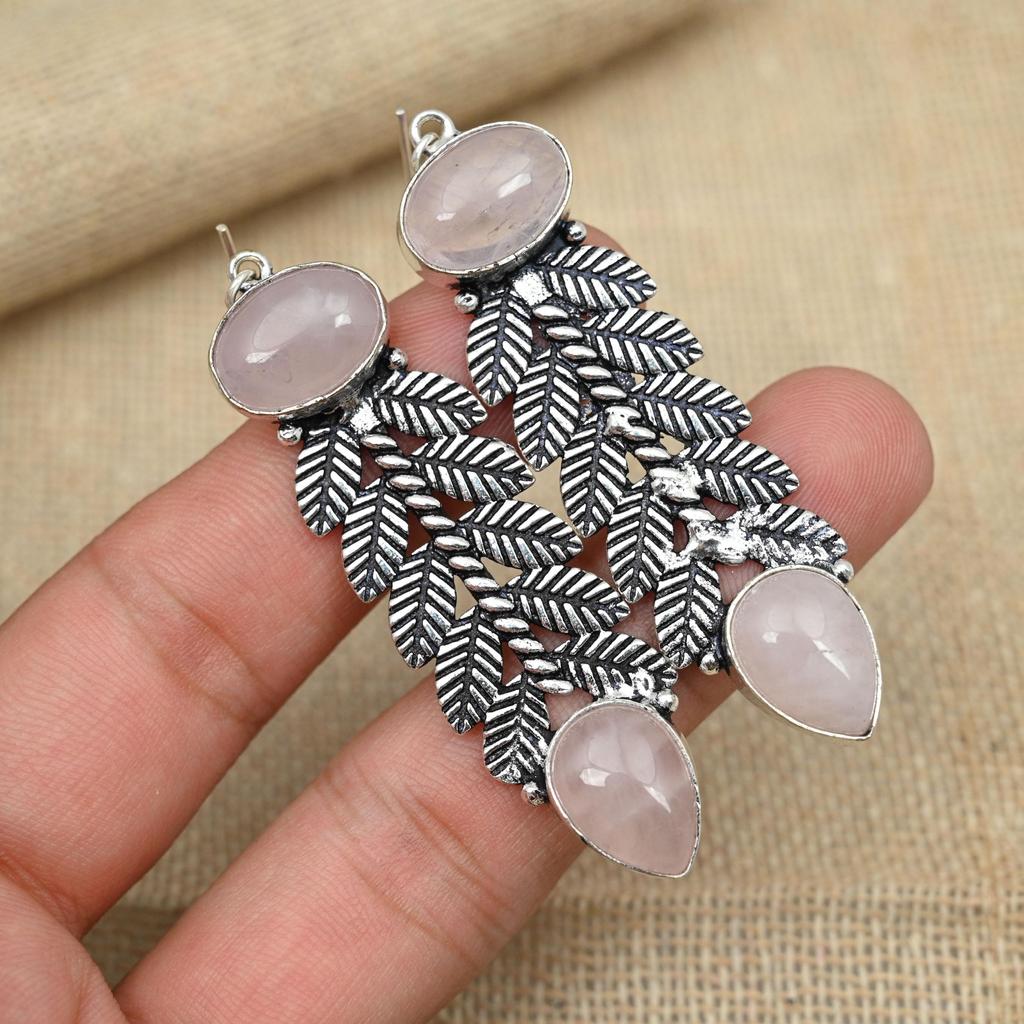 Rose Quartz Gemstone Solid 925 Sterling Silver Jewelry Wonderful Earrings For Gifts