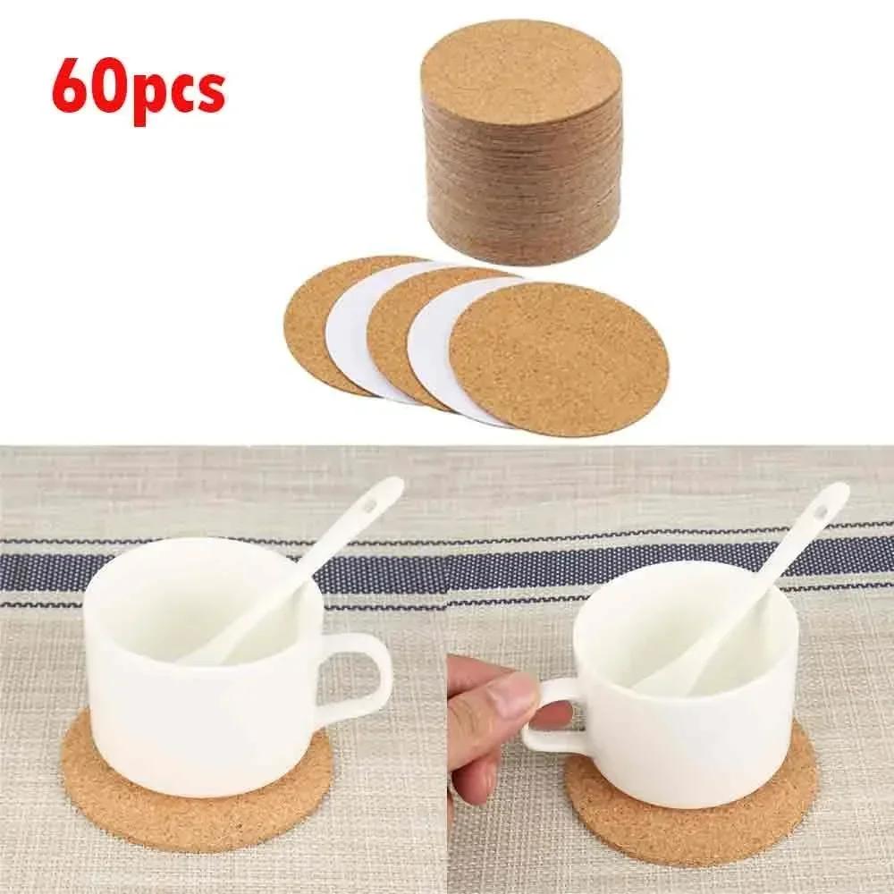 60 Stück 100mm Kork-Untersetzer Rund Quadratisch Matten Selbstklebend DIY Tischunterlage Bögen Rutschfest Tee Kaffee Tasse Getränkehalter Geschirr