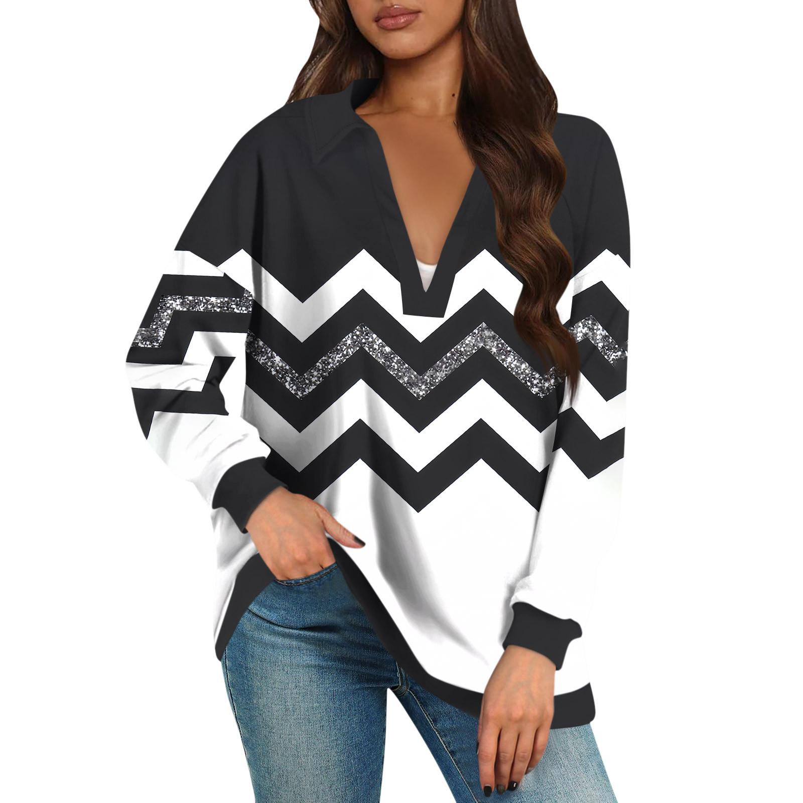 

Женские свободные толстовки осенние топы с длинным рукавом V-образным вырезом повседневный пуловер с принтом топ милая повседневная одежда XL чёрный