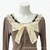 American Retro Brown Lace Bowknot Women's Square Neck Slim-Fit Long Sleeve Top