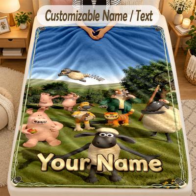 Flannel BlanketShaun the Sheep Custom Name Text Personalized Soft Warm Throw Blanket Home Decor Gift