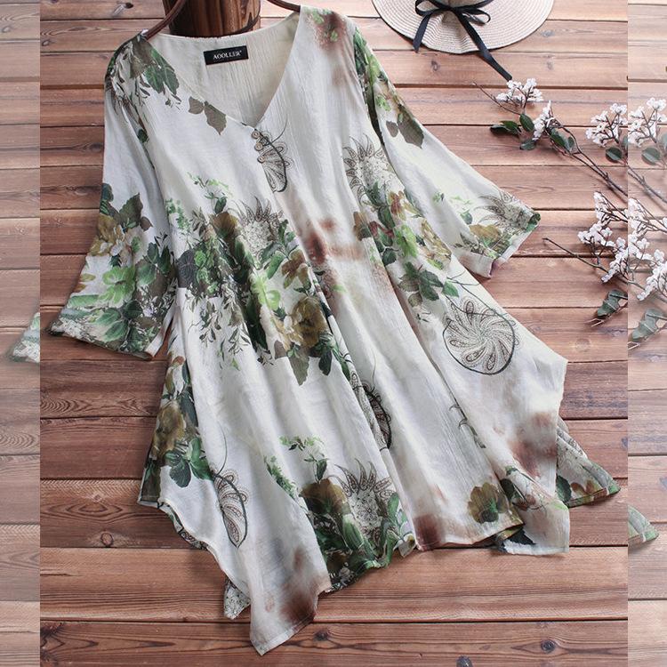 V-neck Floral Dress Spring Cotton and Linen Loose plus Size Women's Clothing Shirt Top