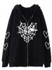 Cross-border Spider Web Heart Print Fleece-Lined Hooded Cardigan