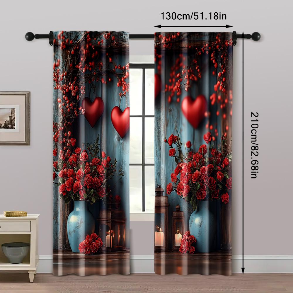 2pc, Romantic Valentine's Day Curtains Red Wood Theme Polyester,Without Electricity Holiday Decorations for aesthetic room