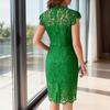 European & American Style Women's Lace Midi Dress - Round Neck, Short Sleeve, Elegant Temperament
