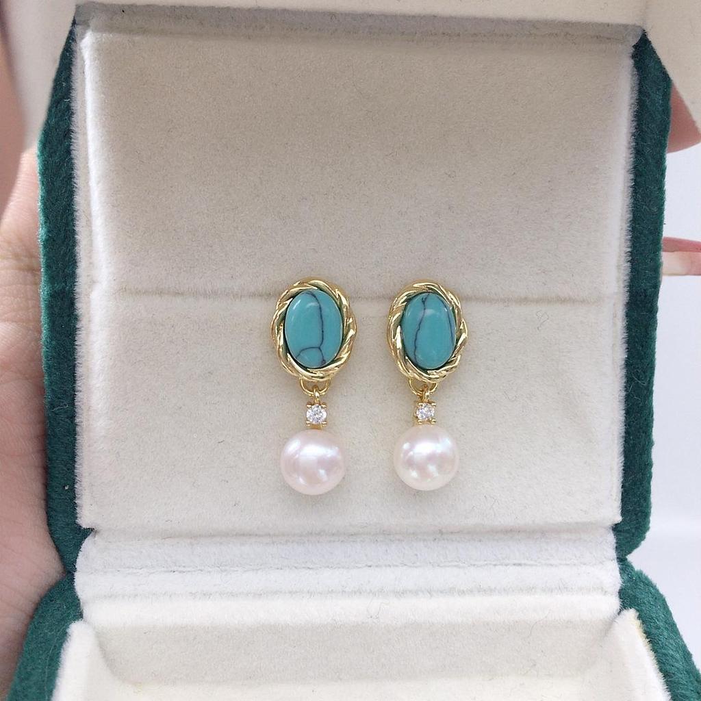 Natural Freshwater Pearl & Turquoise Earrings - Retro Court Style