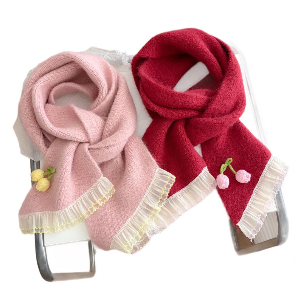 New Knitted Scarf Cherry Embroidery Fungus Edge Soft Waxy Warm Scarf Sweet Versatile Neck Cover