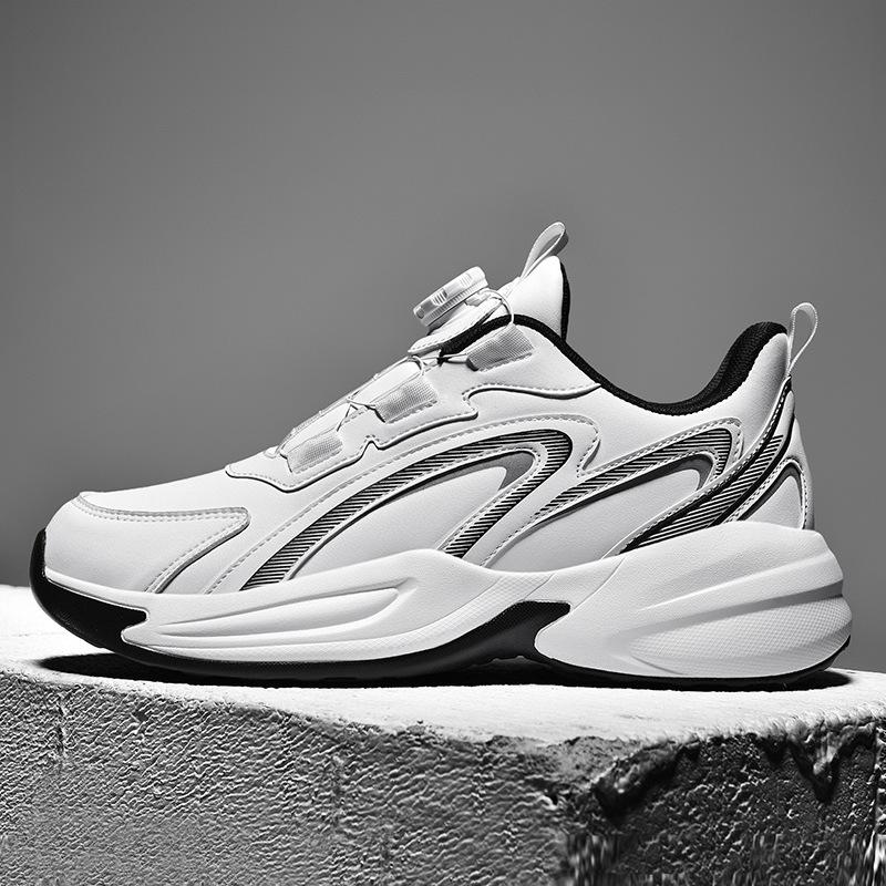 Spring and autumn new waterproof leather sneakers men's rotating buttons free of shoelaces non-slip large size youth running